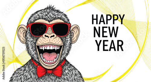 Cheerful New Year greeting card featuring a cool, smiling monkey wearing red sunglasses and a bow tie on an abstract background.
