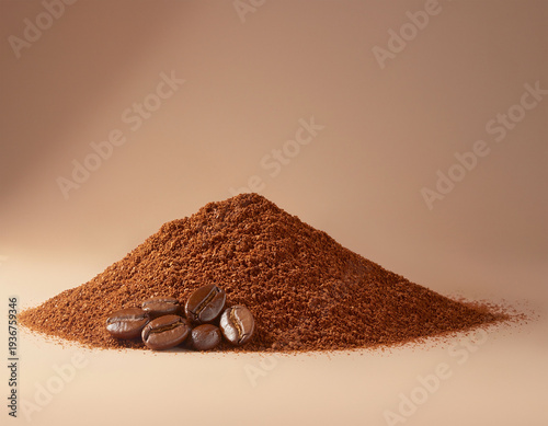 Heap of ground coffee with coffee beans, macro close up