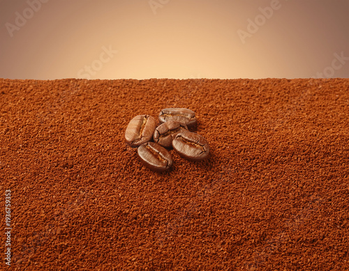 Heap of ground coffee with coffee beans, macro close up