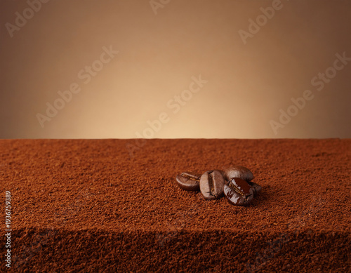 Heap of ground coffee with coffee beans, macro close up