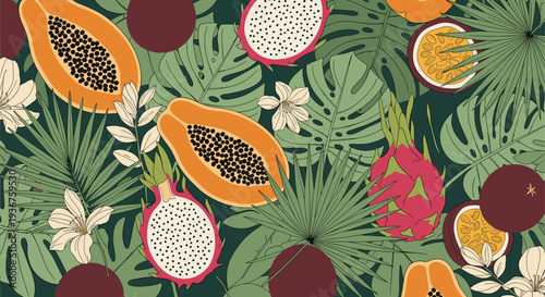 Lush seamless tropical pattern featuring exotic fruits like papaya and dragon fruit among monstera leaves and white jungle flowers.