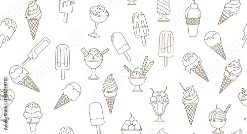 Minimalist seamless pattern of various ice cream treats, including cones, popsicles, and sundaes, in a simple brown outline style.