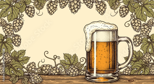 Vintage-style illustration of a frothy beer mug on a wooden table, framed by an ornate border of hops, leaves, and vines.