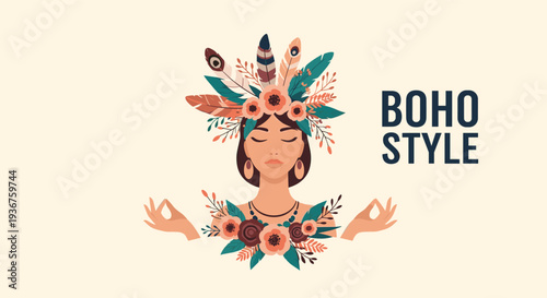 Beautiful illustration of a woman in a meditative pose wearing an ornate floral and feather headdress, representing the boho style.