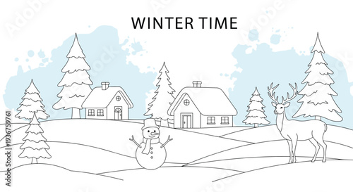 A peaceful winter time coloring page style illustration with a snowman, deer, and cozy houses in a snowy landscape scene.