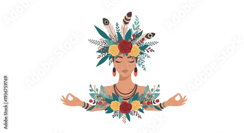 Elegant portrait of a serene woman with closed eyes, adorned with a large, beautiful headdress of flowers, leaves, and feathers.