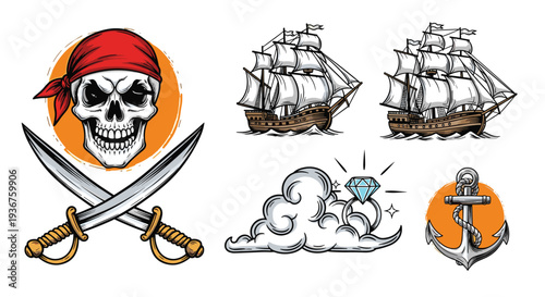 A collection of colorful vintage-style pirate-themed illustrations, including a skull, sailing ships, an anchor, and a diamond.