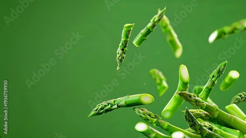 Fresh green asparagus spears flying through the air against a vibrant green background, showcasing dynamic movement and natural freshness in a visually appealing arrangement