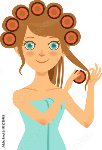 Hair curling rolls cartoon icon. Wavy hairstyle procedure