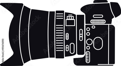 Professional DSLR camera with telephoto lens silhouette isolated on white background, photography equipment icon for studio shooting, wildlife photography and media production concept