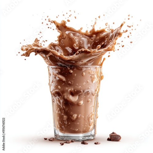 Glass of chocolate drink with dynamic splash against white background