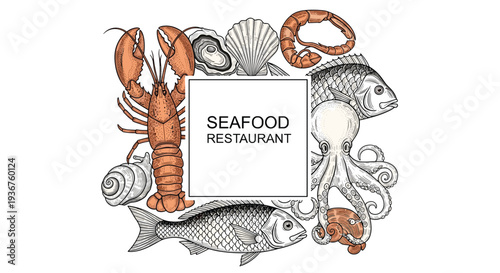 Square frame for a seafood restaurant menu, bordered with detailed, hand-drawn illustrations of lobster, octopus, fish, and shells.