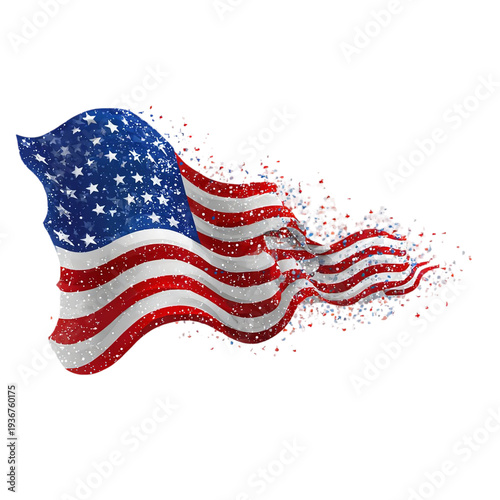 American Flag with Glittering Particles in Dynamic Motion with Vibrant Colors on White Background for Patriotic Celebration
