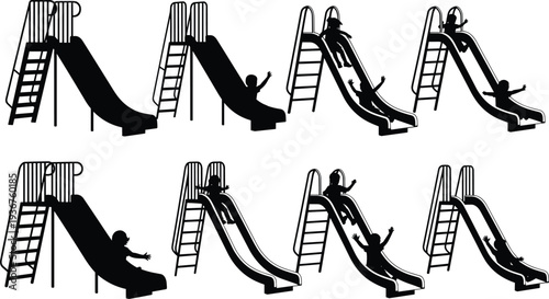 Children sliding on playground slide sequence silhouette illustration, kids playing at park equipment, childhood outdoor fun activity concept isolated on white background