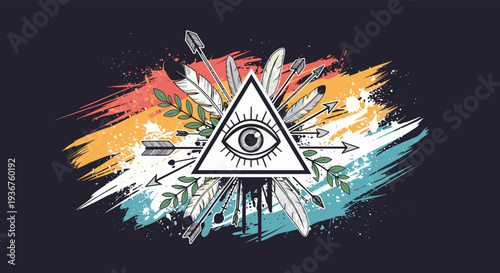All-seeing eye pyramid symbol with tribal feathers and arrows on a vibrant, abstract paint brush stroke background illustration.