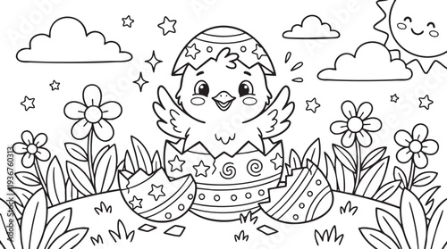Easter Baby Chick Hatching from Egg in Spring Landscape Coloring Page