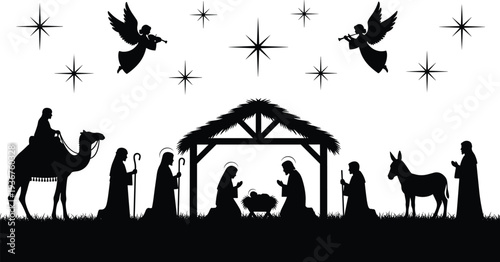 Christmas nativity scene silhouette with baby Jesus in manger, Mary, Joseph, shepherds, wise men, camel and angels under starry night isolated illustration