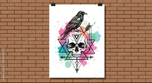 A watercolor grunge-style poster design of a raven perched on a human skull with sacred geometry symbols, against a brick wall.