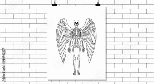 A minimalist black and white line art poster design of a full human skeleton with large, detailed angel wings against a brick wall.