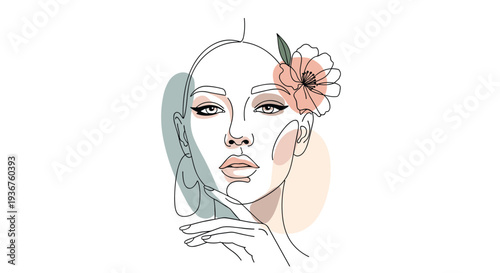 Minimalist one-line art portrait of a beautiful woman's face with a flower in her hair, accented by abstract pastel color shapes.
