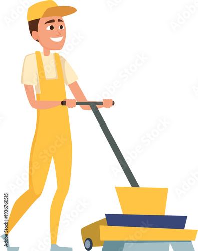 Professional cleaning service worker with vacuum floor cleaner