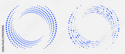 Abstract blue halftone spiral dots on light grey background. Vector vortex for technology, data flow and AI concepts. Radial graphic design element for modern projects.