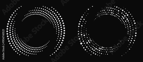 Abstract white halftone spiral dots on black background. Vector vortex for technology, data flow and AI concepts. Radial graphic design element for minimalist and modern projects.