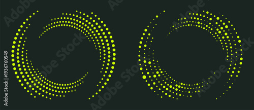 Green halftone spiral dots on dark background. Abstract vector vortex for renewable energy, sustainable flow and eco innovation. Radial design element for clean technology and green power.