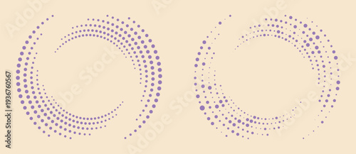 Soft minimal purple halftone spiral on beige. Abstract vector vortex for wellness, yoga and psychology. Zen-inspired dots for cosmetics branding, meditation and emotional calm lifestyle.