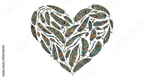 A heart shape composed of numerous small, intricately patterned bohemian-style feathers in various colors, isolated on a white background.