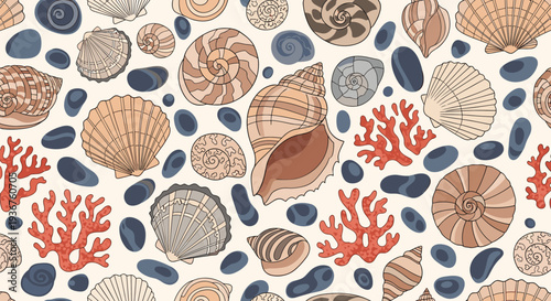 A charming seamless pattern of various hand-drawn seashells, corals, and sea pebbles, creating a beautiful and natural marine texture.
