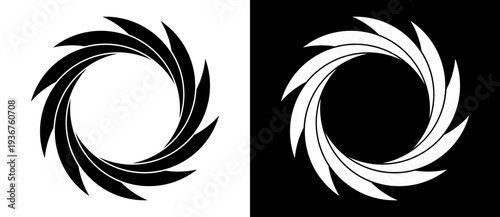 Abstract set of circular blade vortexes in black and white. Minimalist vector turbine propeller for wind energy, jet engine and aerospace concepts. Dynamic radial rotation design element.