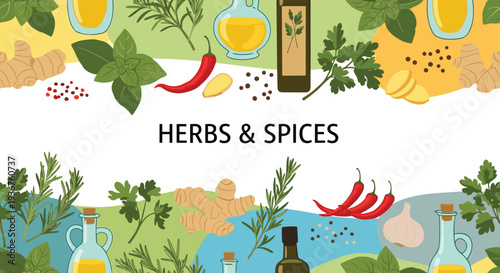 A colorful banner template decorated with borders of fresh culinary herbs and spices like basil, ginger, rosemary, and chili.