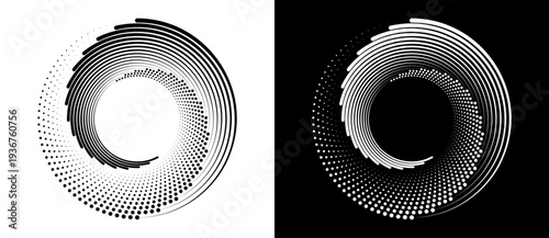 Abstract halftone dots and spiral line vortex in black and white. Minimalist vector design for AI technology, data flow and connectivity. Modern radial graphic for technical branding.