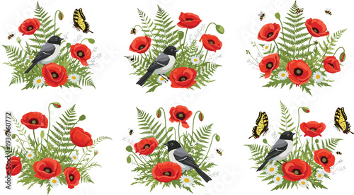 Poppy Flower Bouquets with Birds Butterflies and Bees Botanical Nature Vector Illustration Set