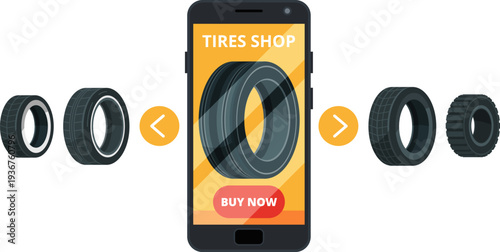 Tire shop app. Phone screen with car wheel icon