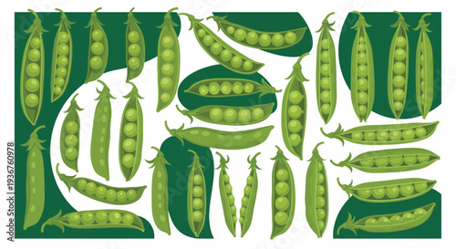 Vibrant green peas in pods on white background for healthy food designs
