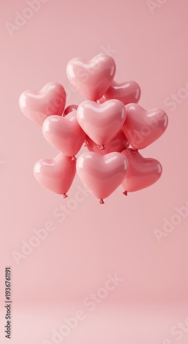 A gentle cluster of pink heart-shaped balloons drifting softly upwards against a complementary pastel pink background, ideal for celebrations, invitation, element, soft