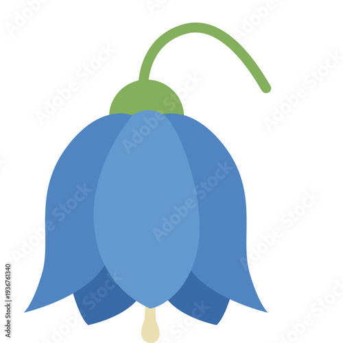 Blue bell flower with green stem ideal for floral designs, nature decorations, botanical illustrations, and delicate decorative elements with flat style.