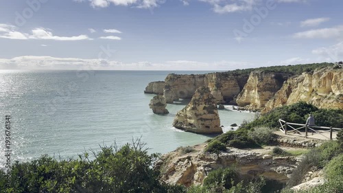 Landscape with beautiful Praia da Marinha, one of the most famous beaches of Portugal, located on the Atlantic coast in Lagoa, Algarve.
