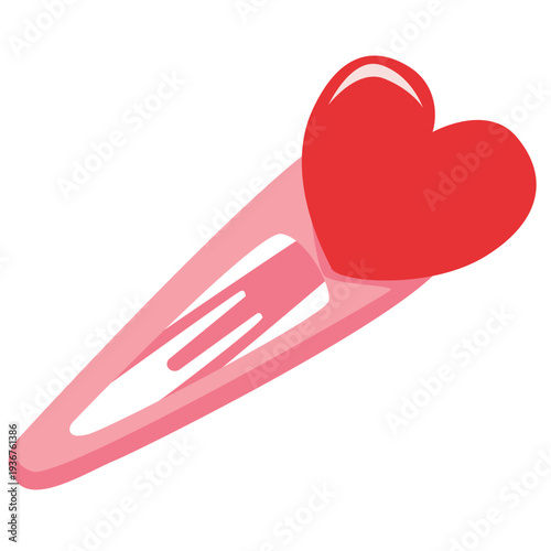 Clear pink hair clip with red heart ideal for romantic accessories, love-themed styling, cute decorations, and heart ornamental elements with flat design.