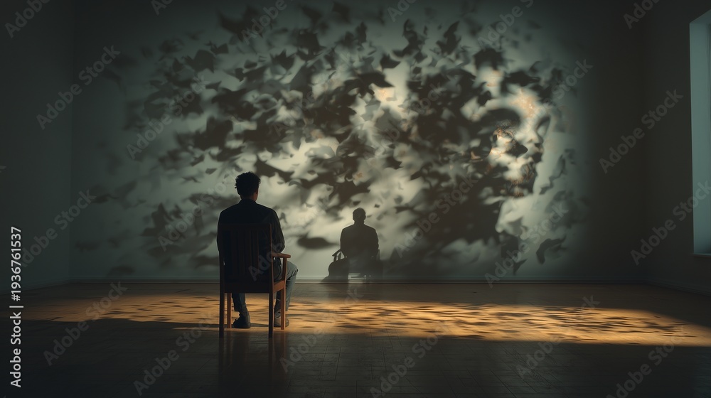 Fototapeta premium Silhouetted therapist and client facing a textured wall, evoking trust, presence, connection and reflective dialogue in a therapeutic relationship.