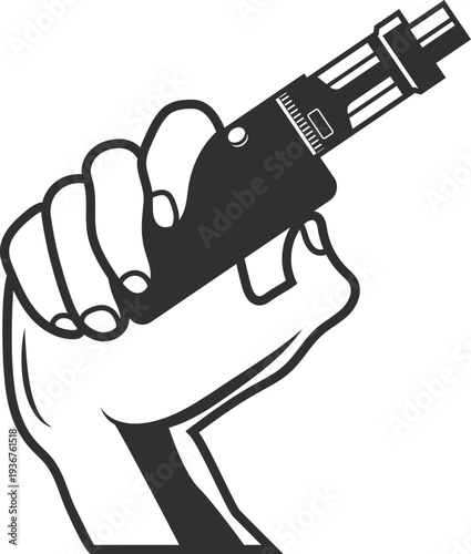 Vape black emblem. Smoking device in human hand