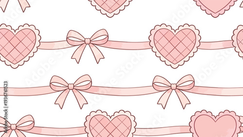 Seamless Pattern with Pink Ribbons and Quilted Hearts Vector