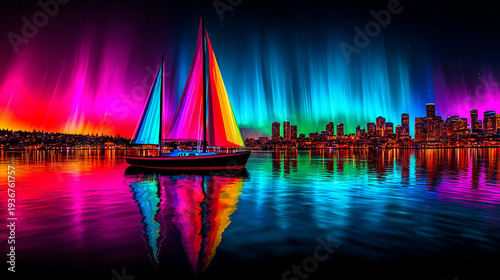 Wallpaper Mural Vibrant Sailboat Aurora Over City Skyline at Night Torontodigital.ca