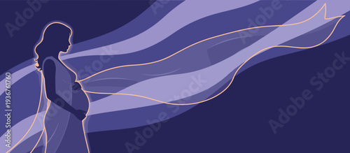 Pregnant woman silhouetted with flowing fabric against dark background  