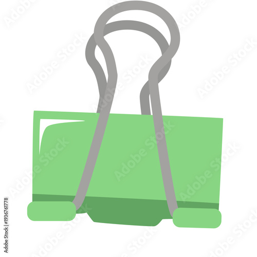 Green binder clip perfect for office organization, document management, school supplies, and paperwork with colorful flat design illustration style.