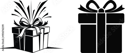 Black silhouette of two gift boxes with ribbons and bows on white background