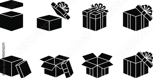 Silhouette of gift boxes in various stages of opening black on white background