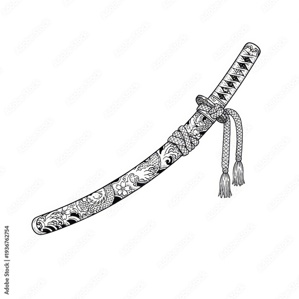 Obraz premium Hand drawn ink sketch of Japanese Katana sword in scabbard isolated on white background. Traditional tattoo illustration.